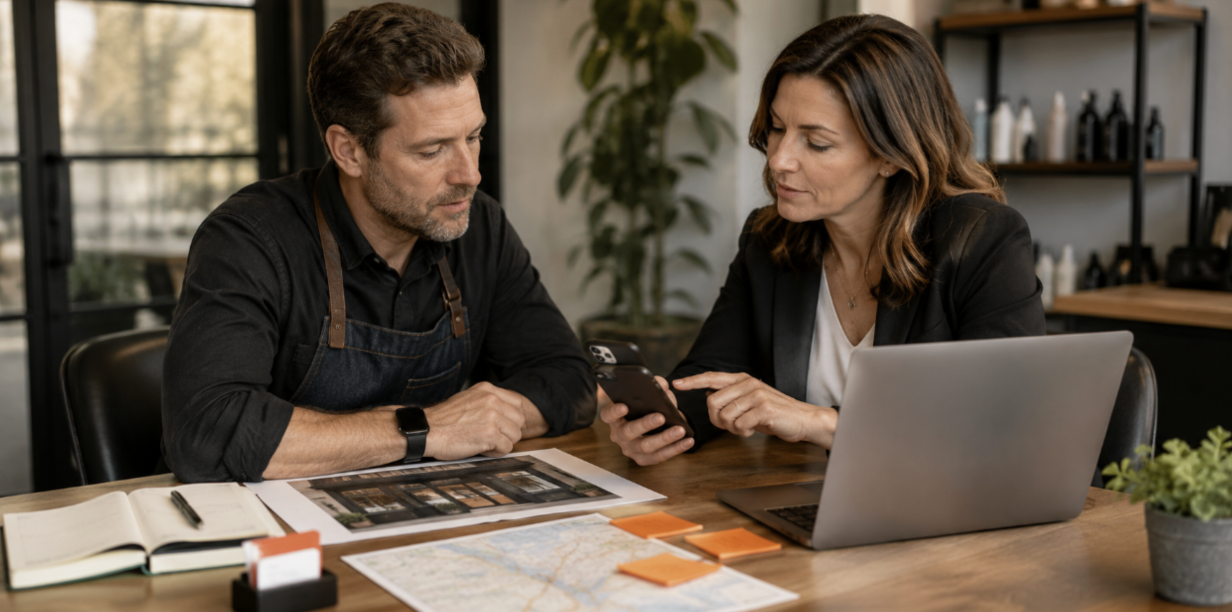Local business owner reviewing online search and marketing information with an SEO consultant at a desk.