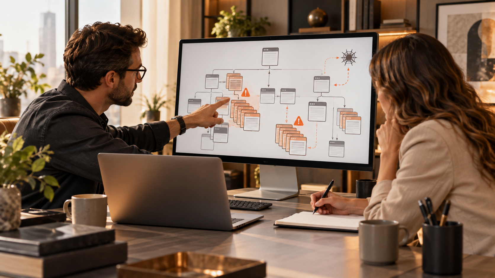 Two colleagues review a website structure on a large monitor in a warm, modern office, with one pointing at duplicate page clusters and warning icons while the other takes notes.