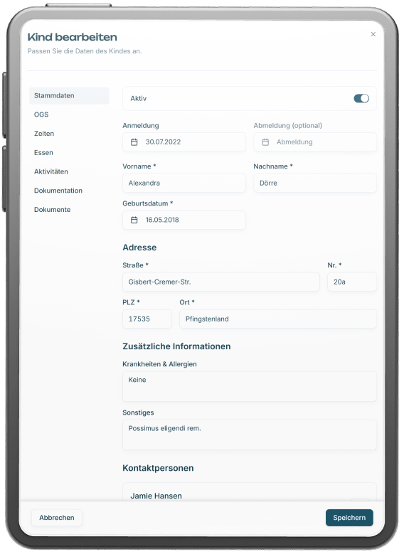 Kinder Stammdaten anlegen und bearbeiten mit OGS Cloud