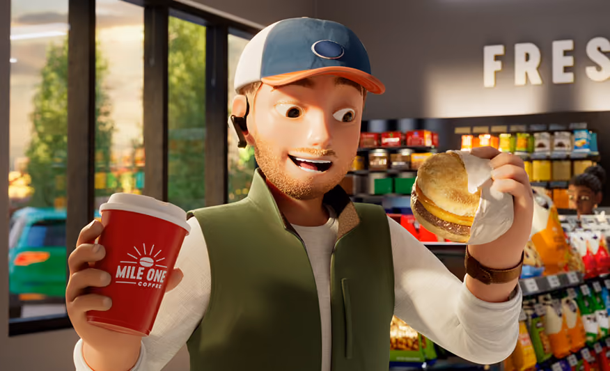 Man in cap holding a coffee cup and a wrapped sandwich inside a convenience store.