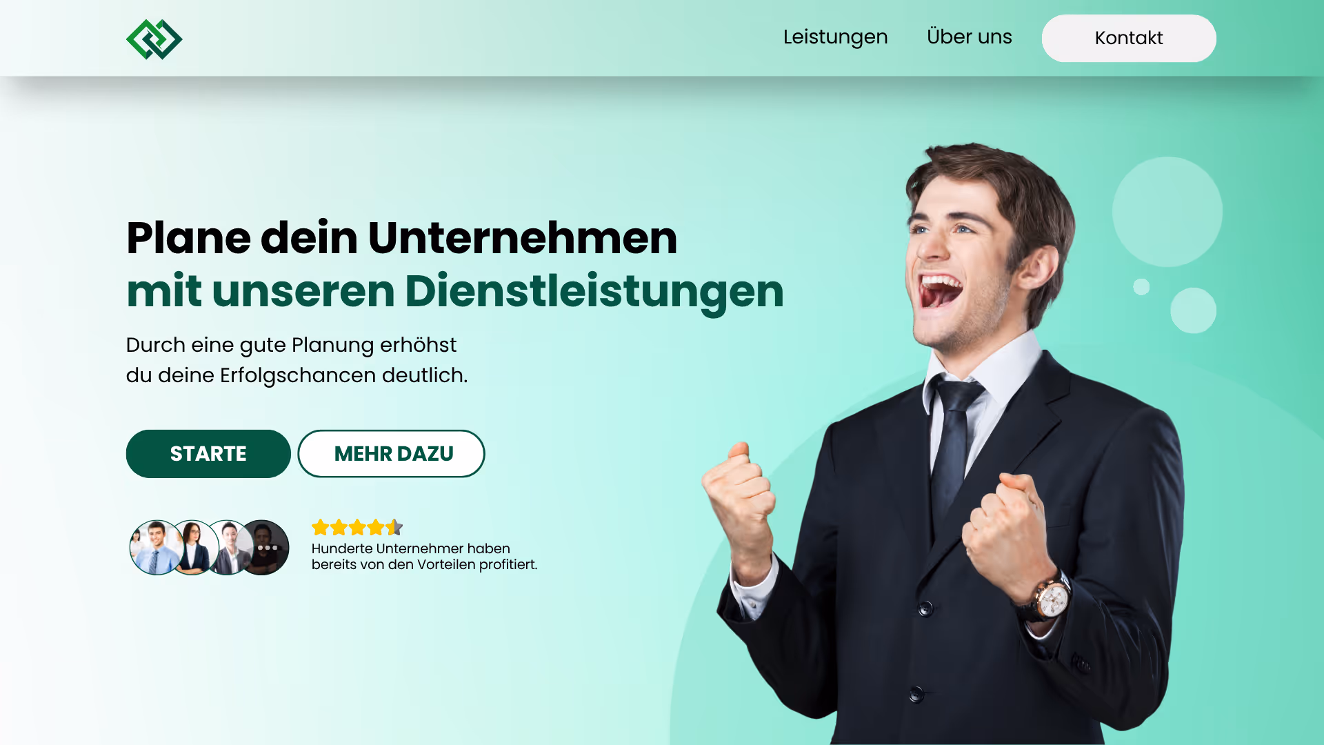 Junger Geschäftsmann in Anzug feiert Erfolg vor grünem Hintergrund mit Text über Unternehmensplanung und Dienstleistungsangebot.