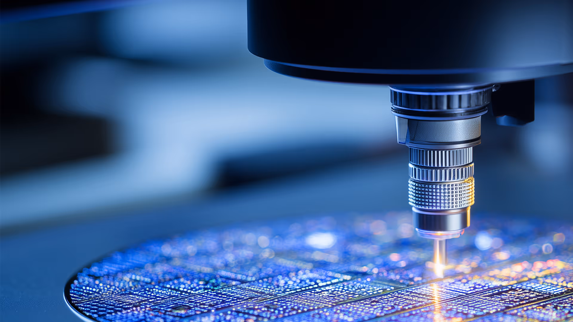 Close-up of a machine processing a silicon wafer with intricate circuitry illuminated in blue light.