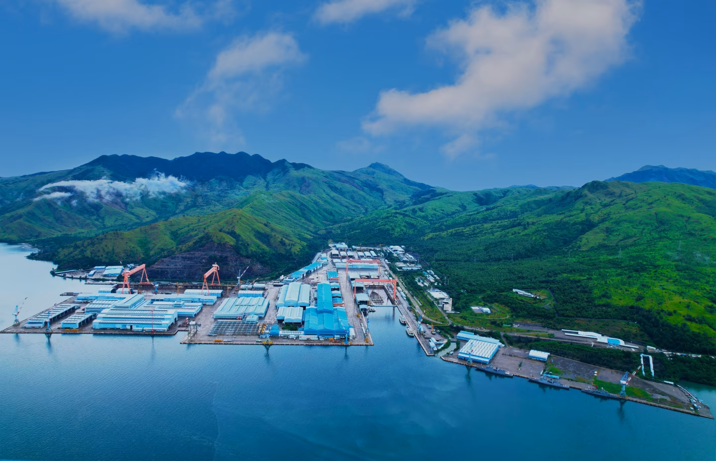 An aerial photograph of a shipping port