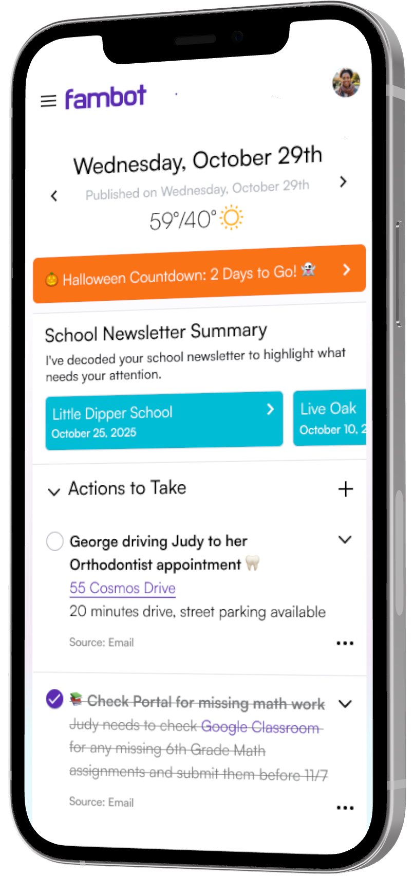 Fambot daily digest summarizing school emails and family calendar updates