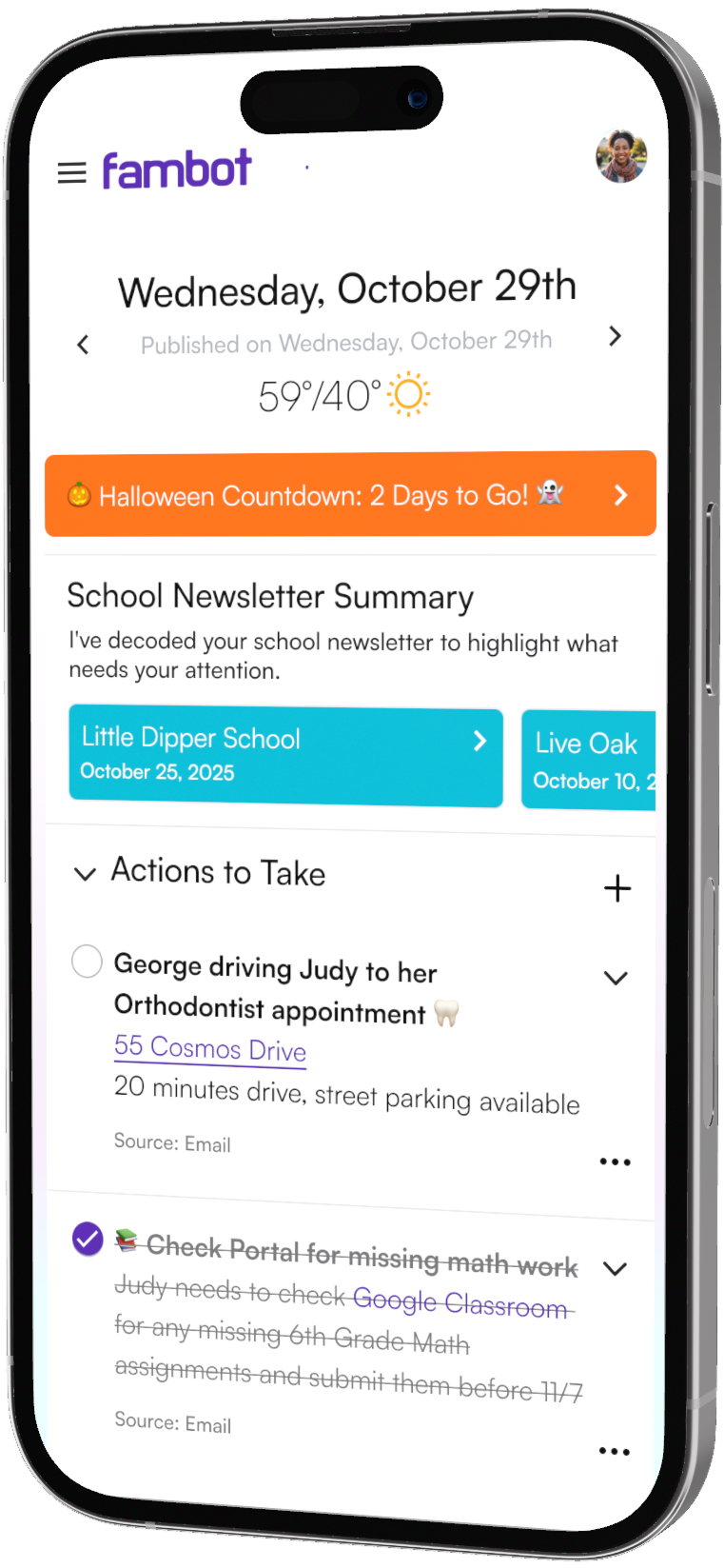 Fambot daily digest summarizing school emails and family calendar updates