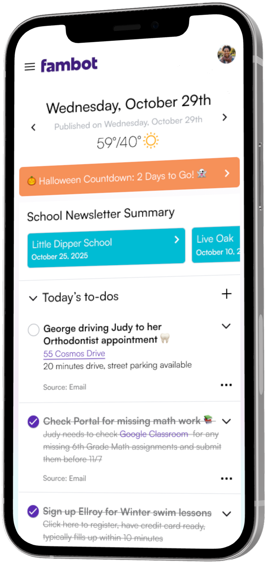 Fambot daily digest summarizing school emails and family calendar updates