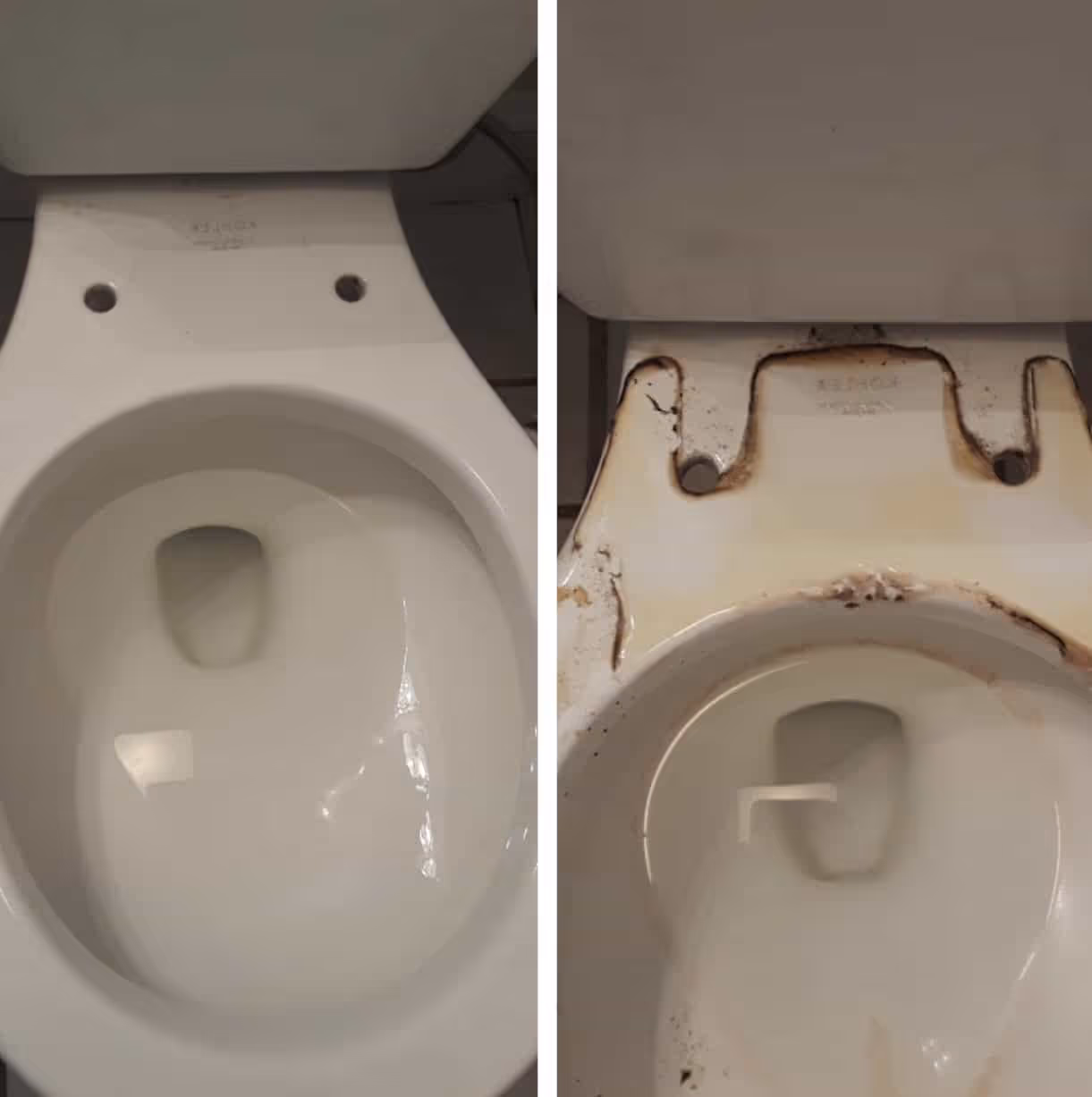 Side-by-side comparison of a clean white toilet bowl on the left and a dirty, stained toilet bowl on the right.