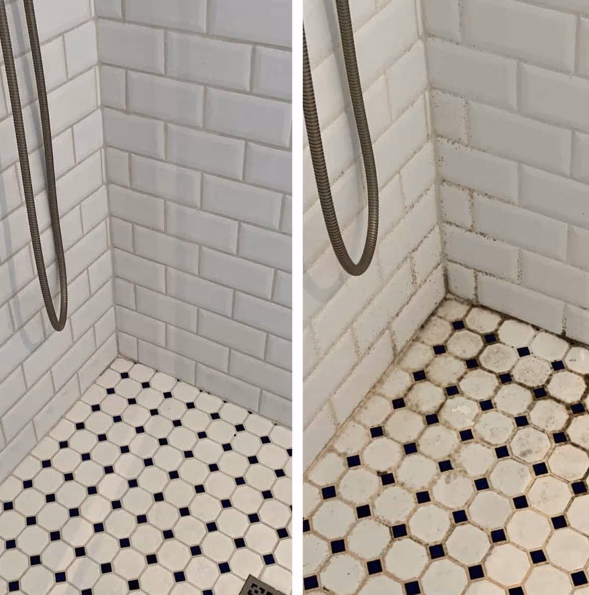Before and after deep cleaning of shower grout and tile, the kind of buildup found in gym locker rooms