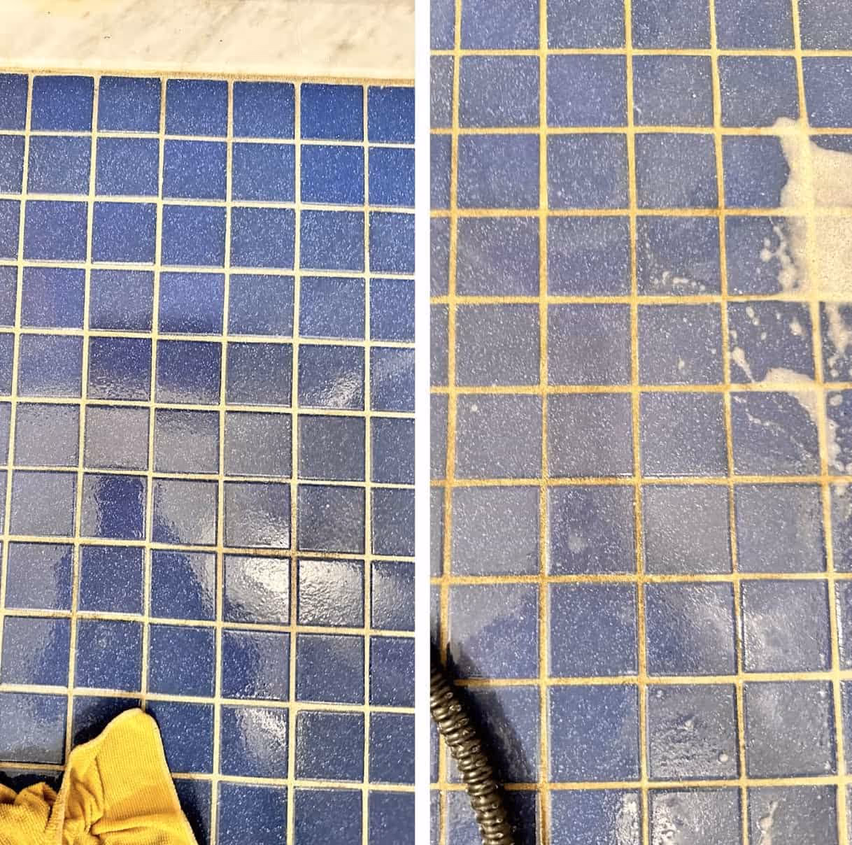 Tiled floor before and after deep cleaning, with dirt removed from the grout lines