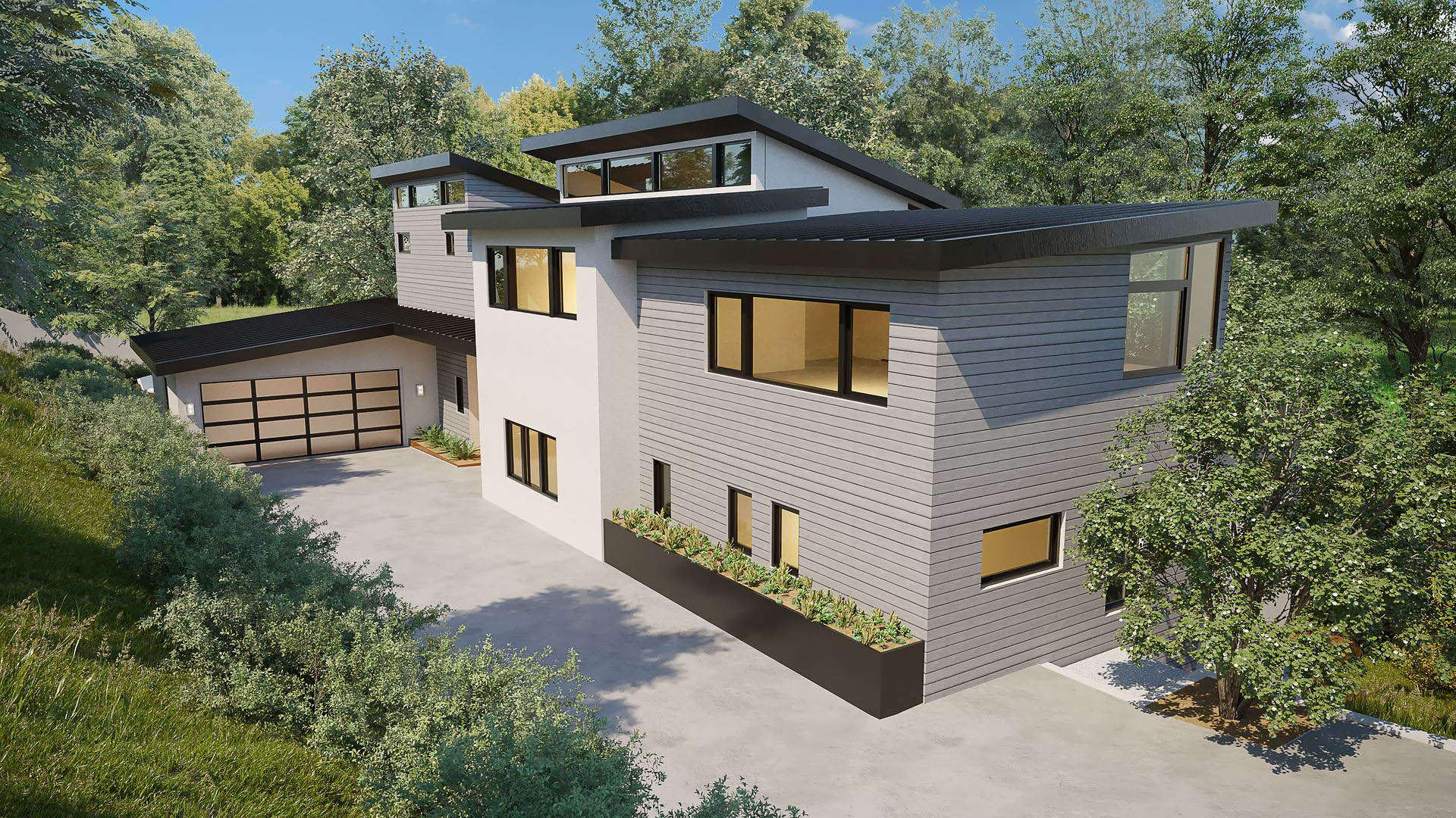 3D rendering of modern two-story house with sloped roofs and long driveway