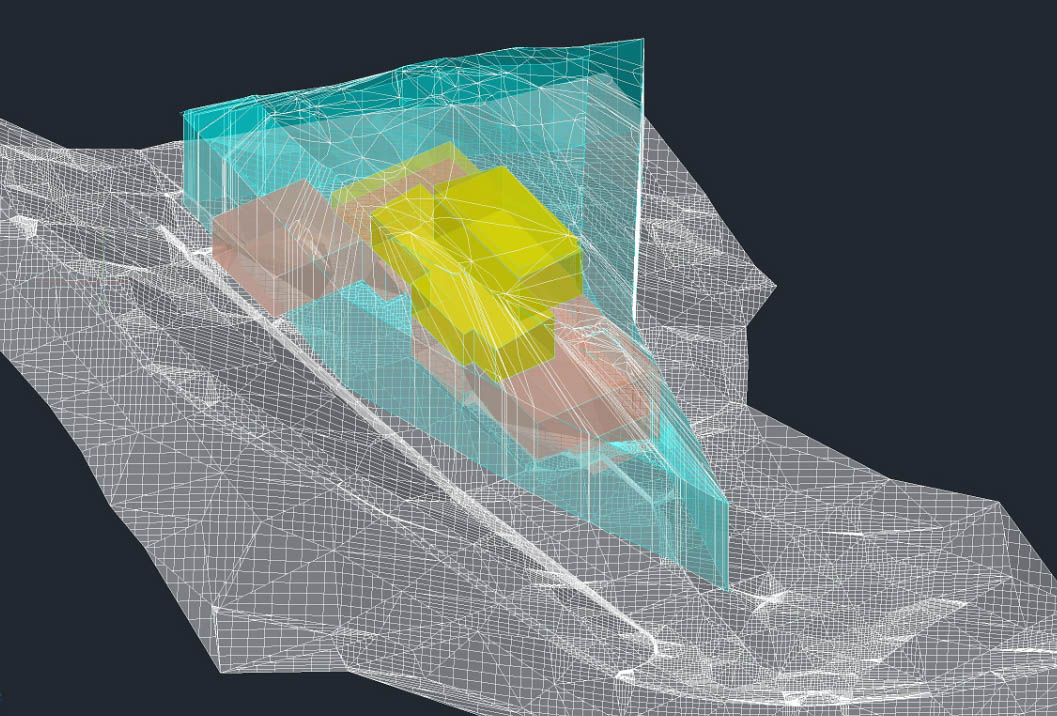 3D wireframe model showing terrain contours, existing house, proposed addition and buildable envelope limits in Hillsborough.