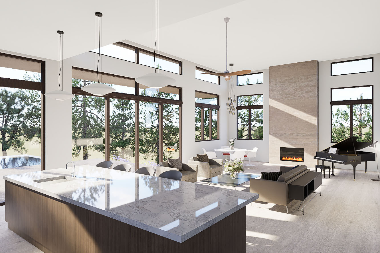 Bright modern open-plan living room and kitchen with large island, floor-to-ceiling windows, fireplace, and a grand piano.