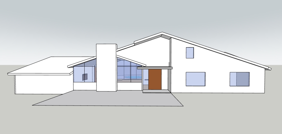 Design rendering of the proposed renovation of a modern single-story house with a sloped roof, large windows, a chimney, and a wooden front door.