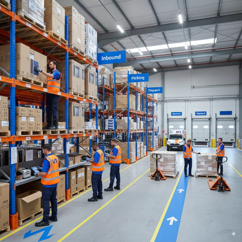 Warehouse staff managing inventory and order processing inside a professional logistics warehouse