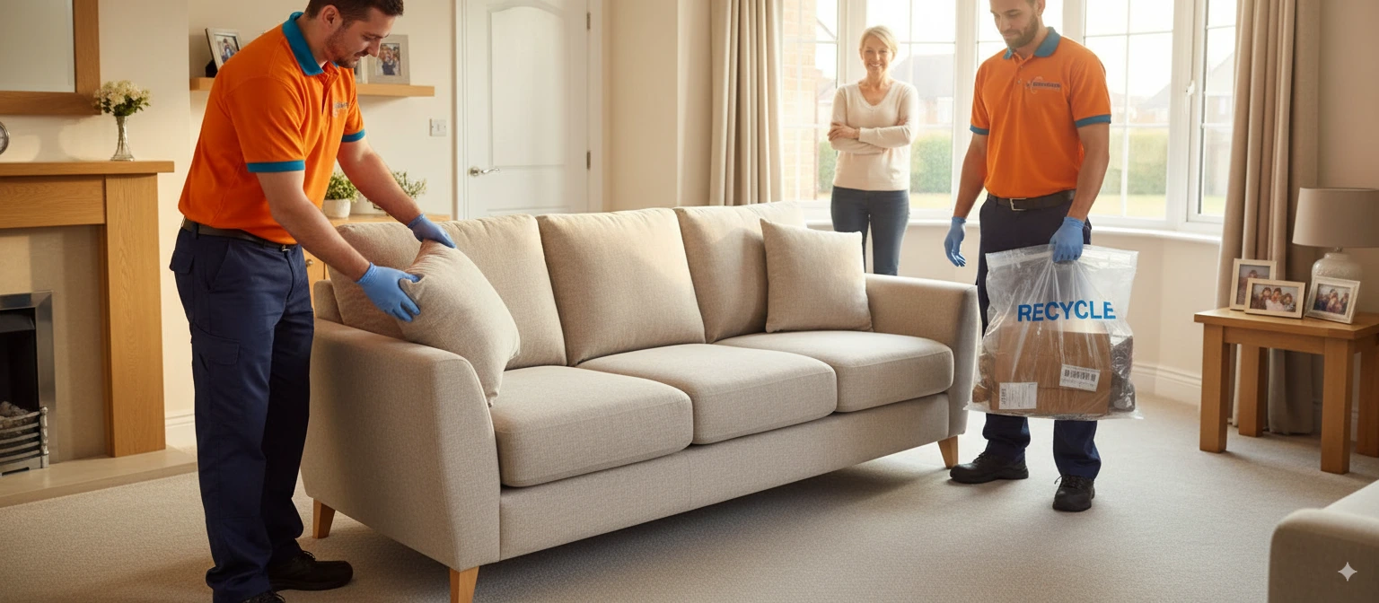 V1 Distribution delivery team removing packaging after white-glove furniture delivery in customer’s home.