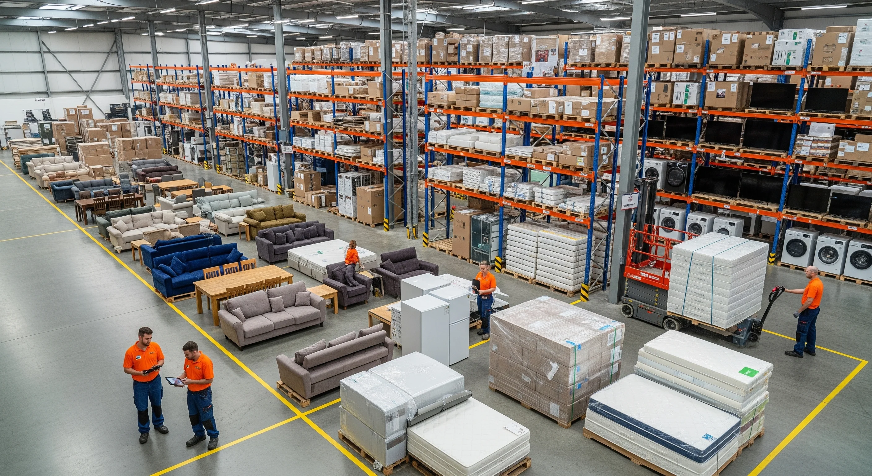 Furniture inventory organised in a large UK warehouse with warehouse staff preparing orders for two-man home delivery