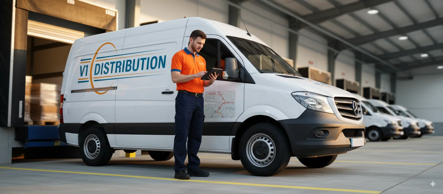 V1 Distribution team member outside delivery van for bespoke white glove delivery and two man delivery services