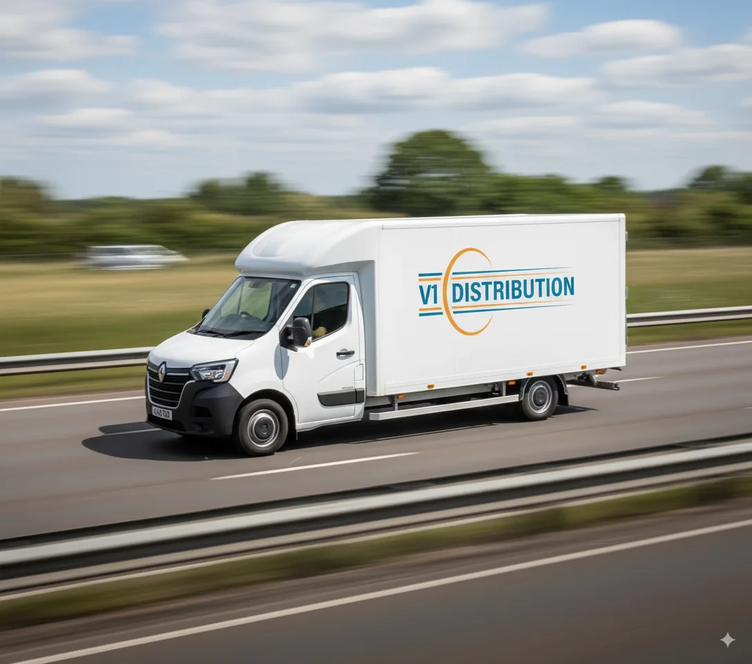 V1 Distribution express delivery van travelling on a UK motorway providing fast nationwide delivery services.