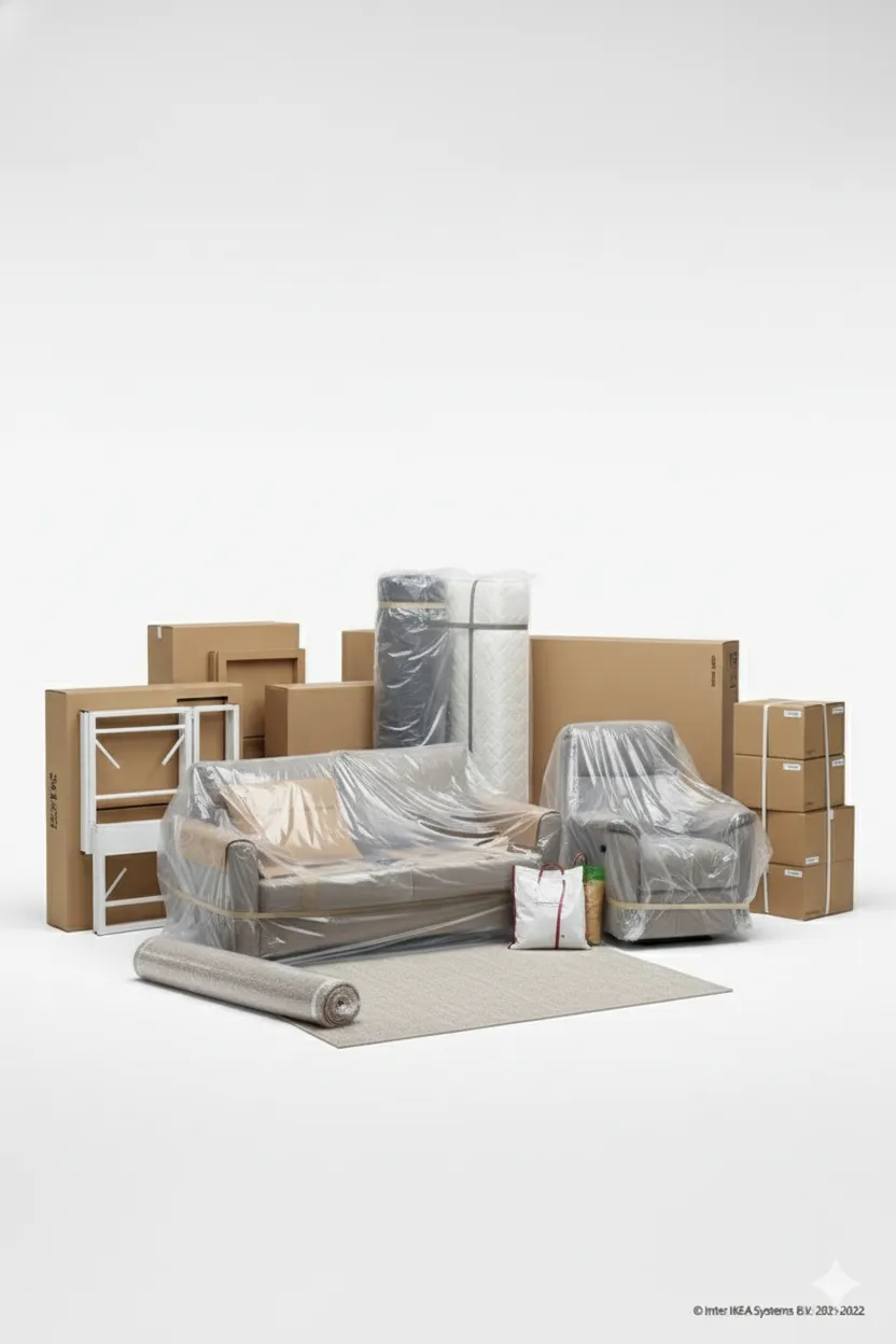 Wrapped household furniture including sofa, cabinets, and boxes prepared for two-man white glove home delivery