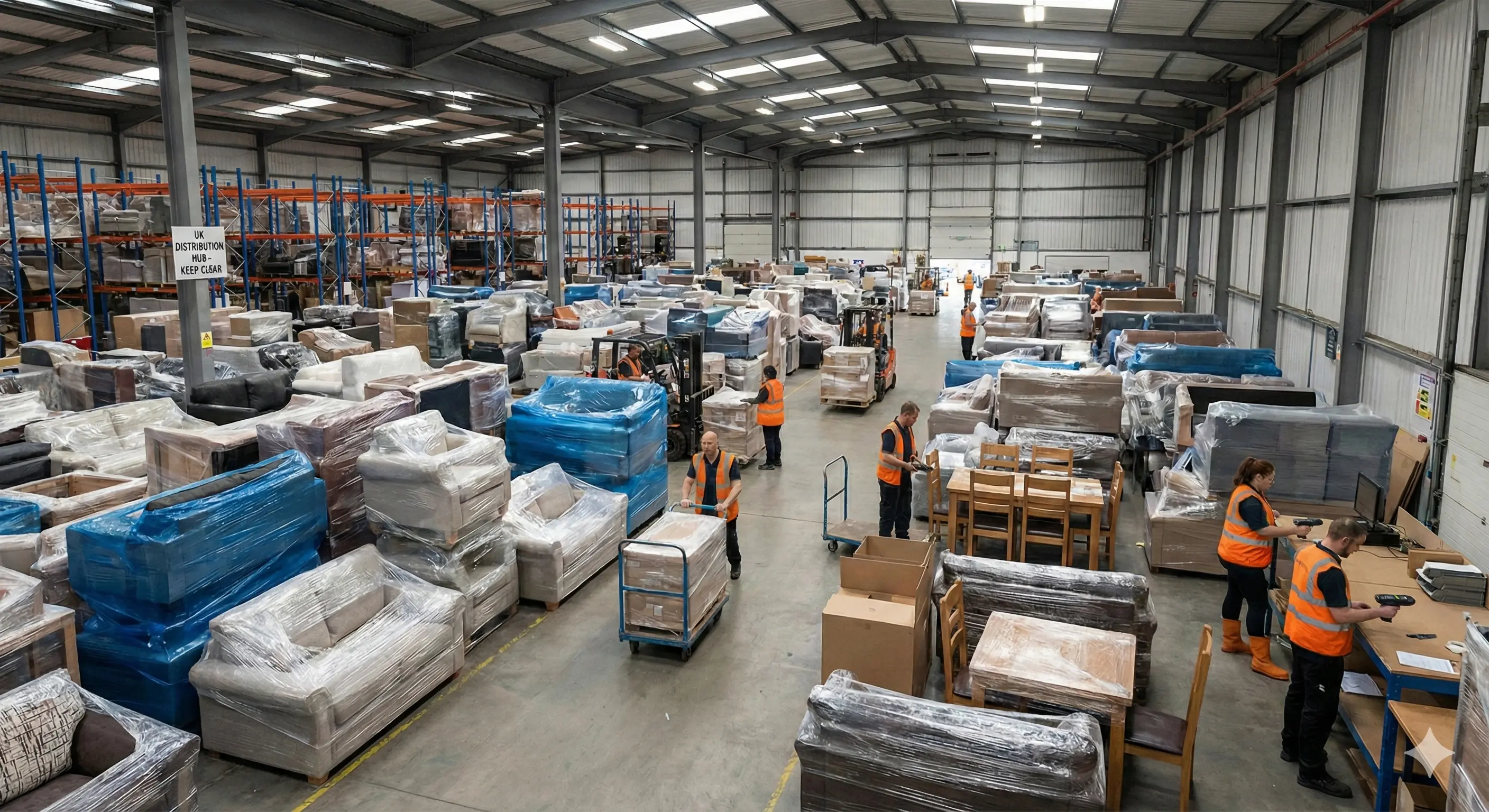 Warehouse with wrapped furniture and workers in orange safety vests handling inventory and scanning items.