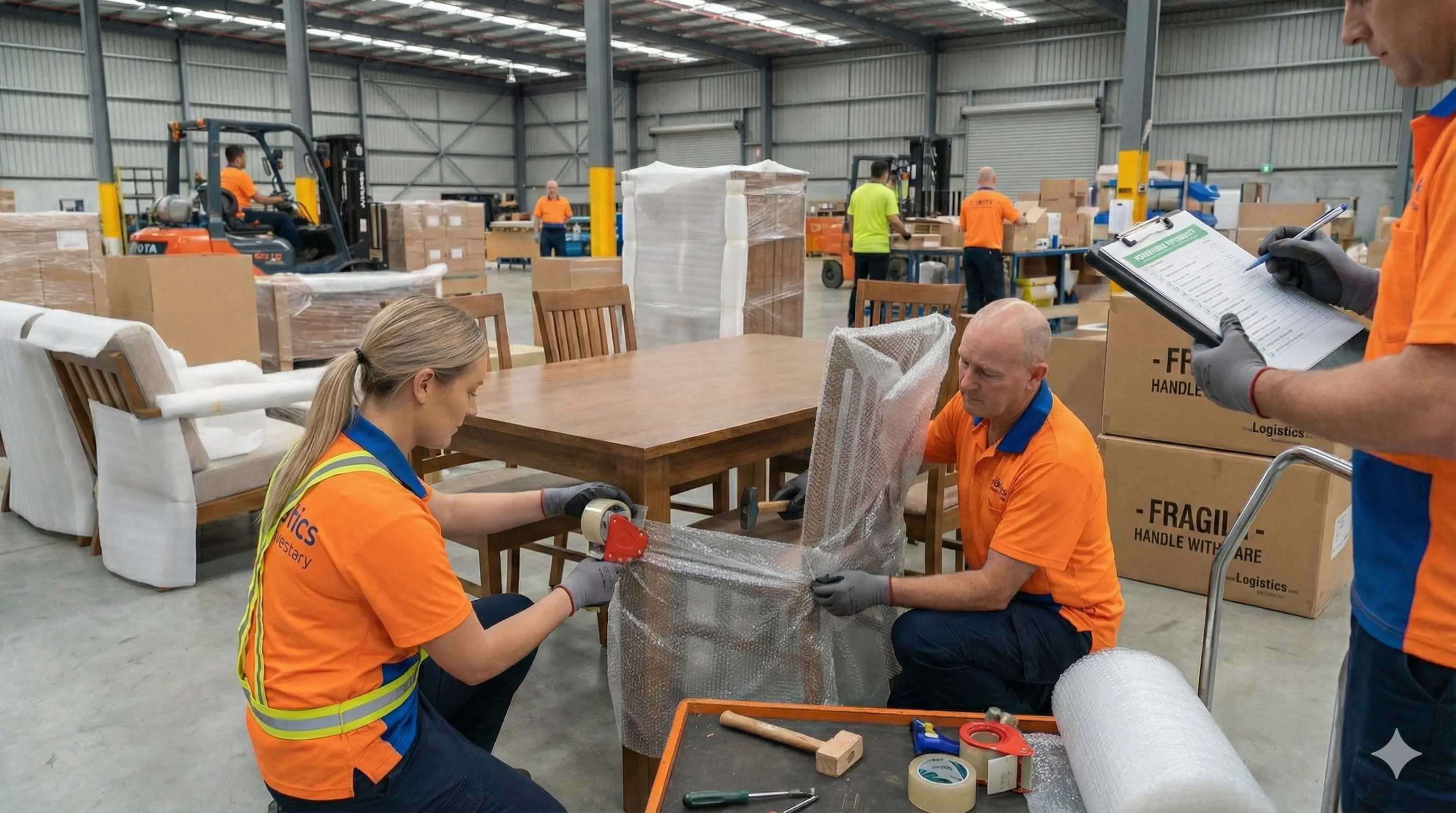 V1 Distribution warehouse team professionally packing furniture using protective wrapping as part of a two-man white-glove delivery service in the UK.