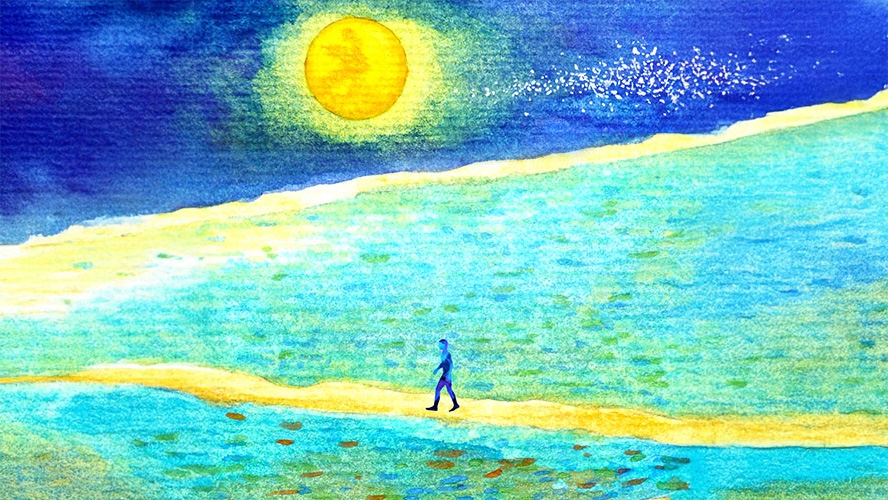 Watercolor painting of a person walking alone on a sandy path with a large yellow sun in a blue sky over a colorful landscape.
