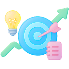 Blue target with a pink dart in the center, a glowing yellow light bulb, an upward trending arrow, and a pink document icon.