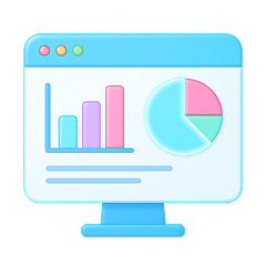Computer monitor displaying colorful bar and pie charts representing data analytics.