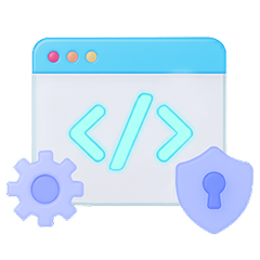 Browser window with code symbols, a gear icon, and a shield with a lock representing secure coding.