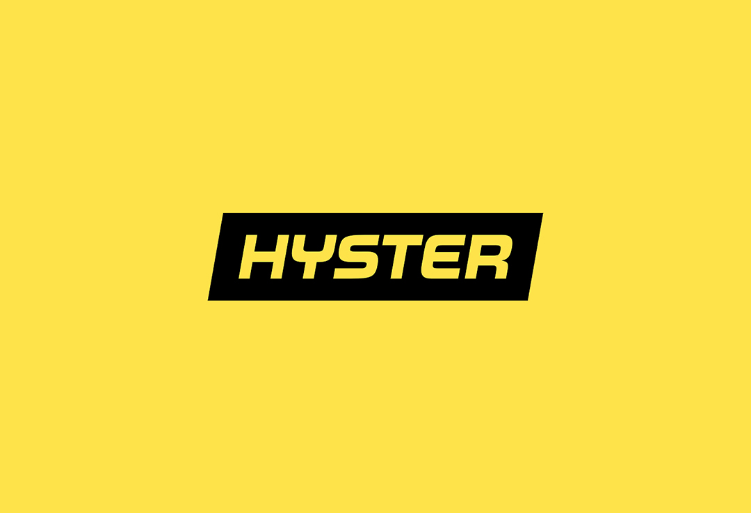 Hyster-logo met gele tekst op een zwarte rechthoek op een gele achtergrond.