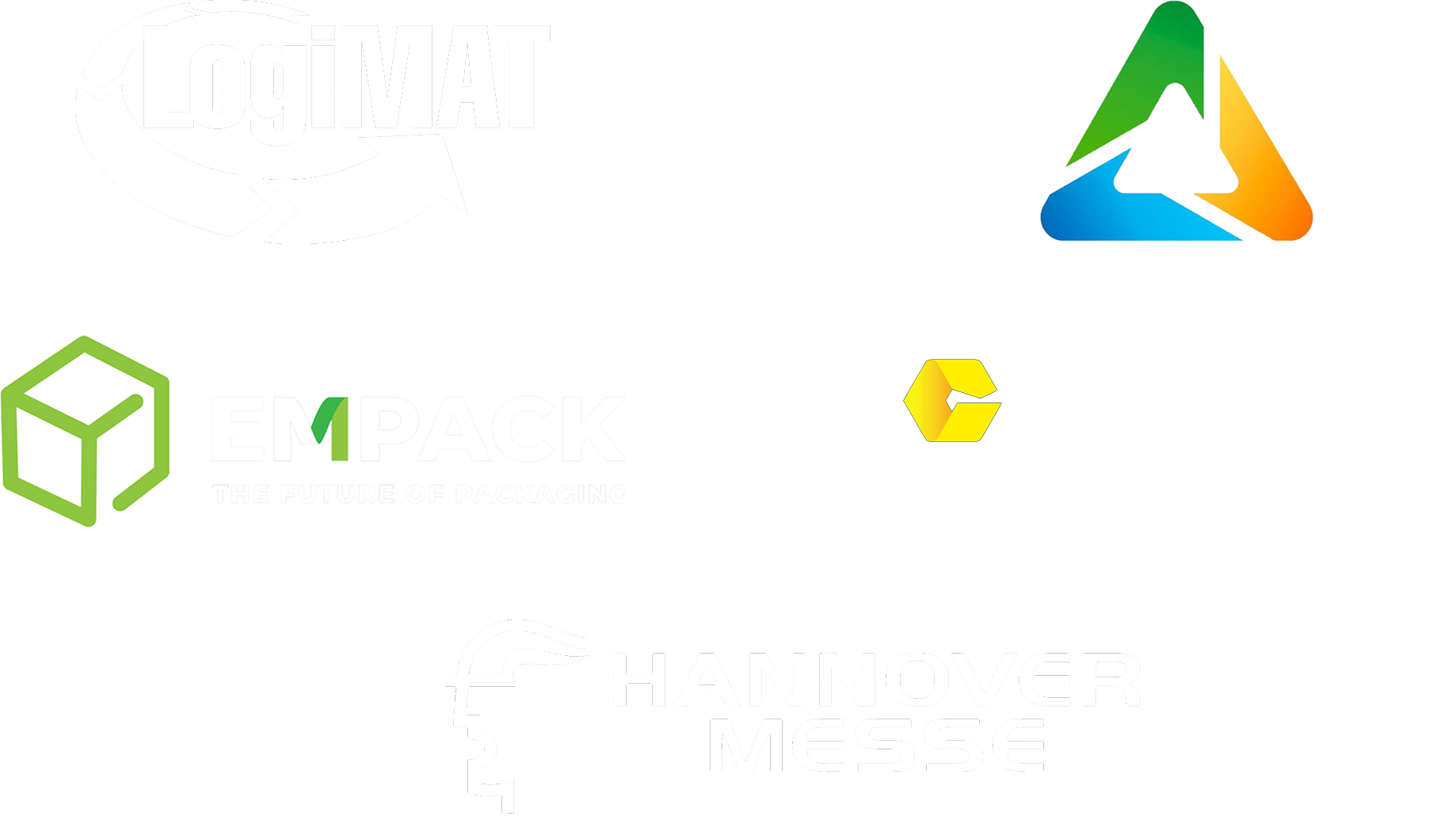 Overzicht van vijf logo's van internationale vakbeurzen. De logo's van LogiMAT, Empack, Interpack en Hannover Messe zijn uitgevoerd in wit. Het IFAT-logo bevat een centraal driehoekig symbool met kleurverloop in groen, blauw en oranje. Het Empack- en Interpack-logo bevatten subtiele groene en gele iconen.