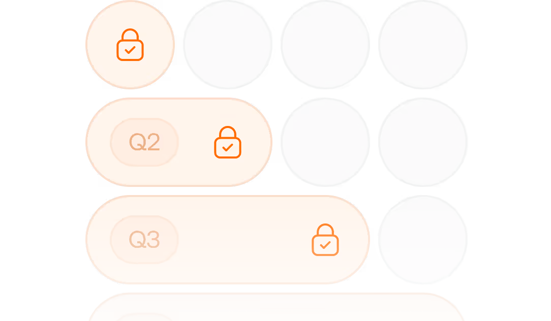 Diagram illustrating Q1, Q2, and Q3 milestones with circular orange lock icons indicating completion and grey circles for upcoming stages.