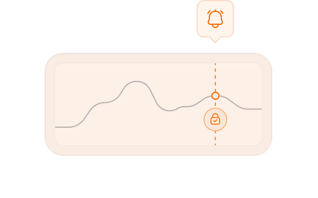 Abstract line chart with an orange notification bell icon above a lock icon on a dotted vertical line.