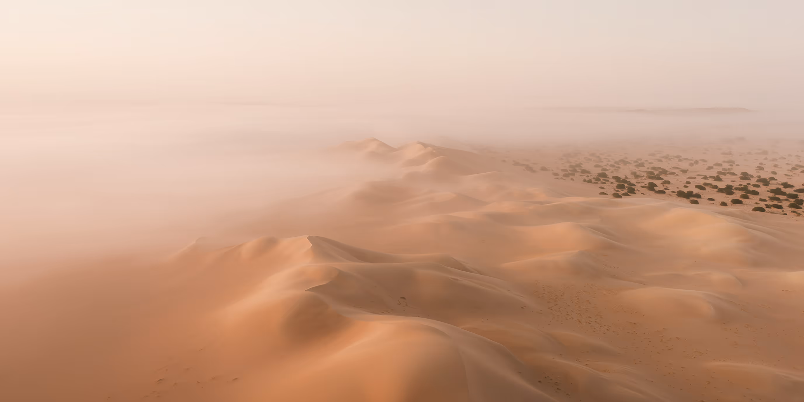 Aerial view of sand dunes partially covered in fog with sparse vegetation on sandy terrain.