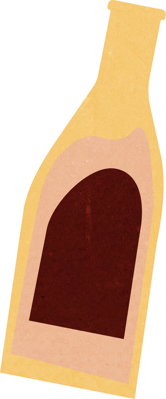 Illustration af en vinflaske med gul ydre kant og en mørkerød væske indeni.