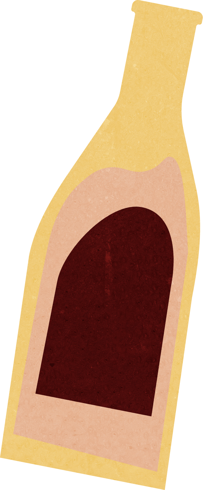 Illustration af en vinflaske med gul ydre kant og en mørkerød væske indeni.