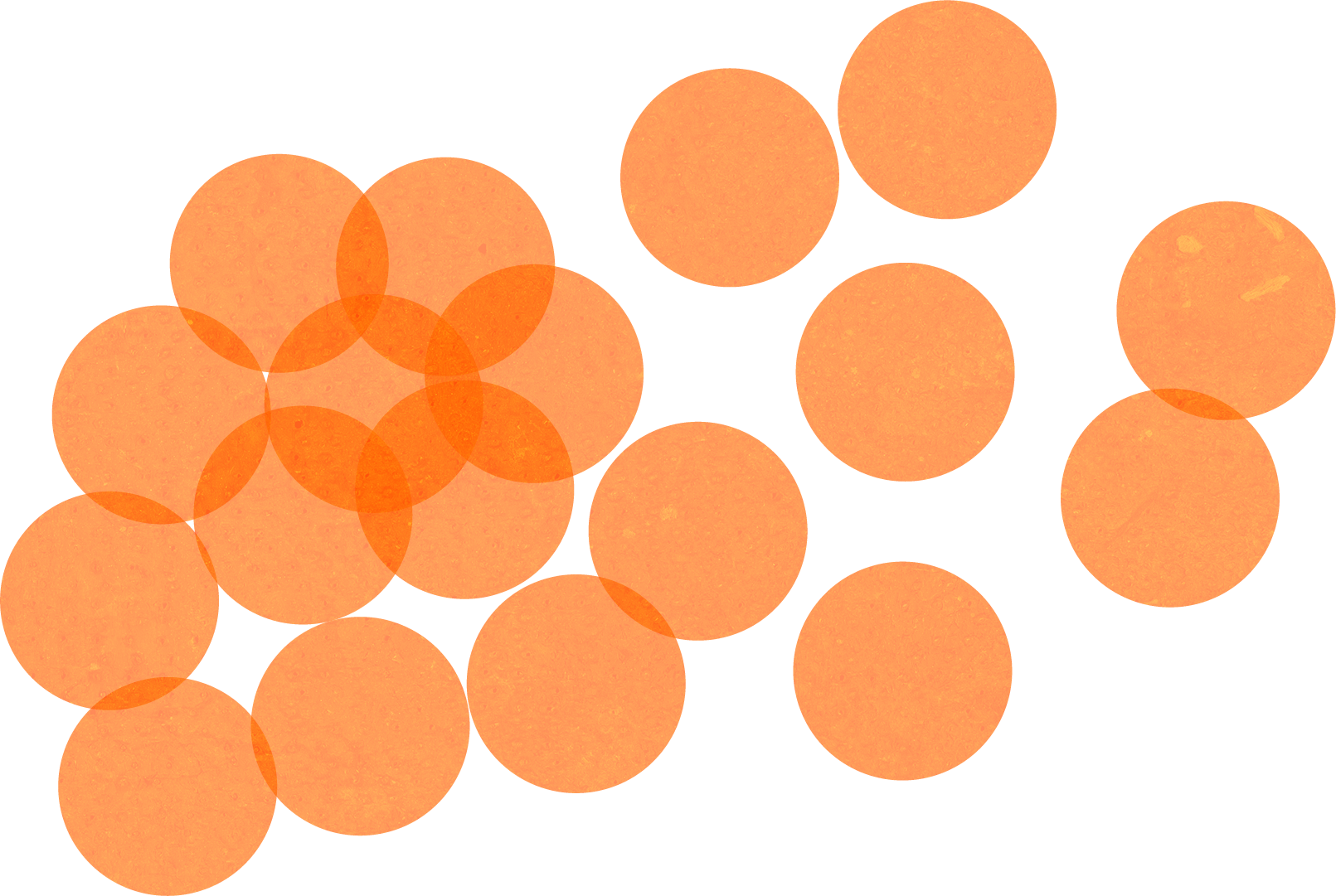 Nogle runde, orange brikker spredt på en hvid baggrund.