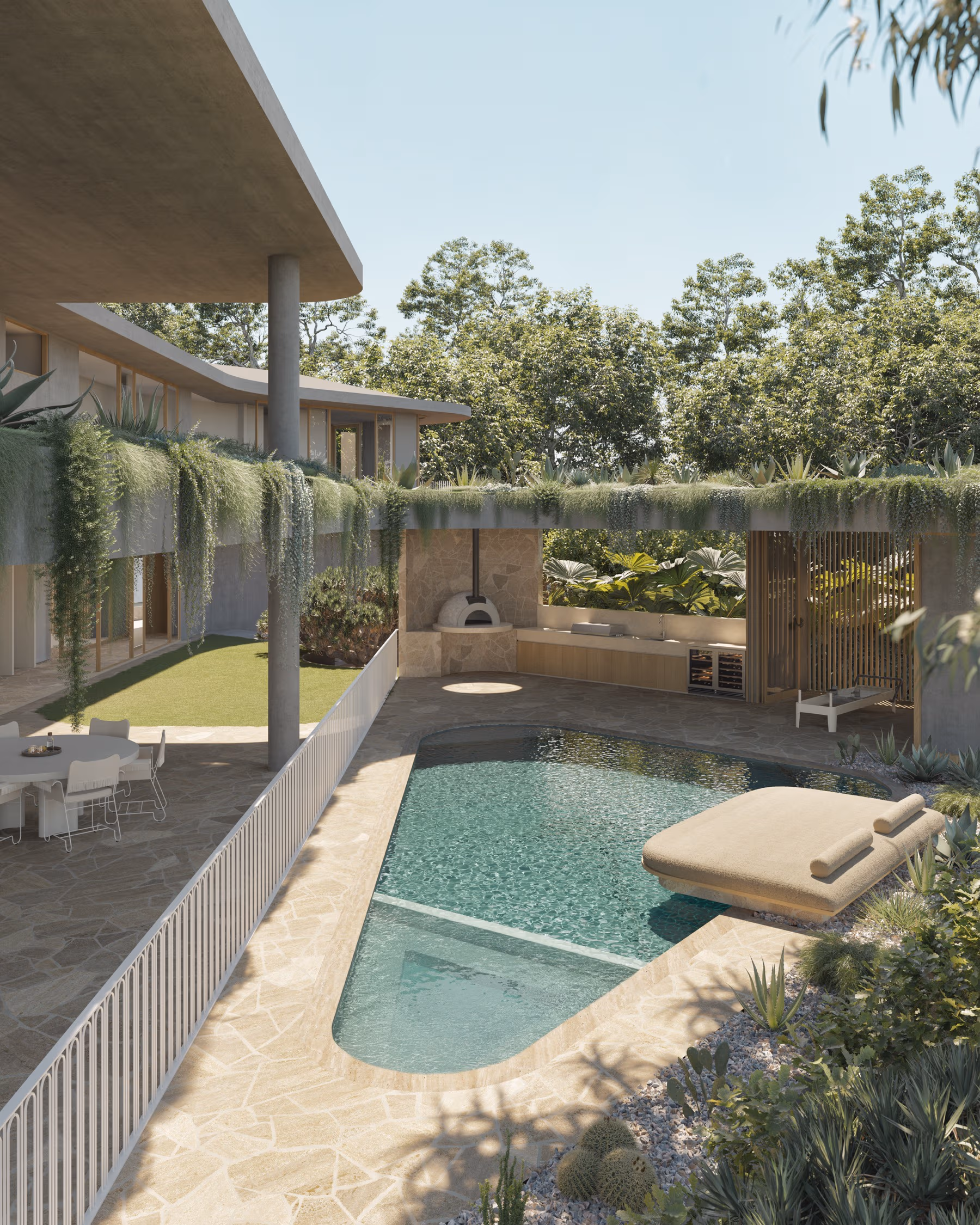 Modern outdoor pool area with a beige sunbed, surrounding stone patio, hanging greenery, and a built-in grill with pizza oven under a pergola.