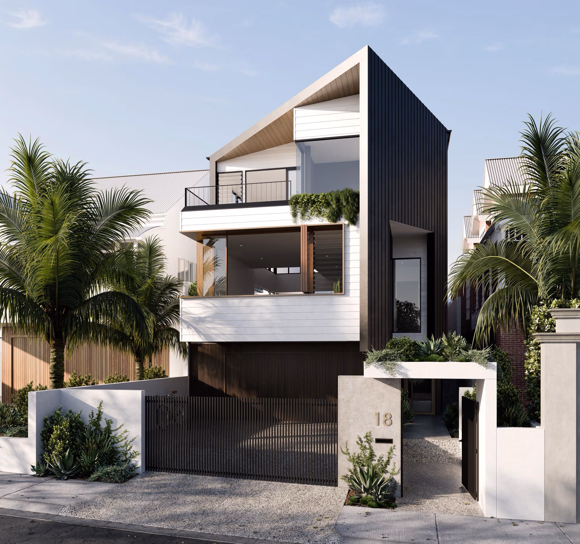 Modern two-story house with black and white exterior, large windows, balcony, and lush landscaping including palm trees.