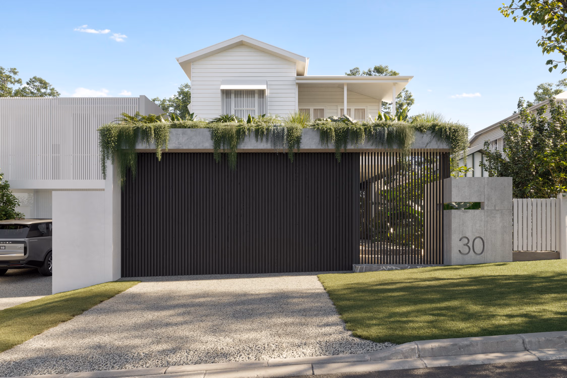 Modern house with a white upper structure and a concrete fenced lower level with dark vertical slats and hanging greenery above the entrance marked with number 30.