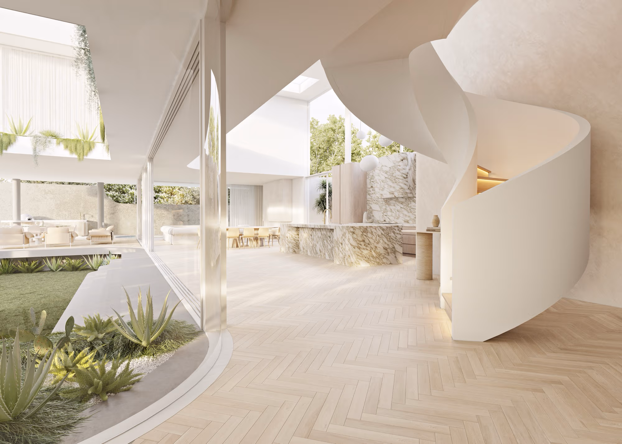 Bright modern interior with herringbone wood flooring, marble kitchen island, spiral staircase, and large glass doors opening to a garden.