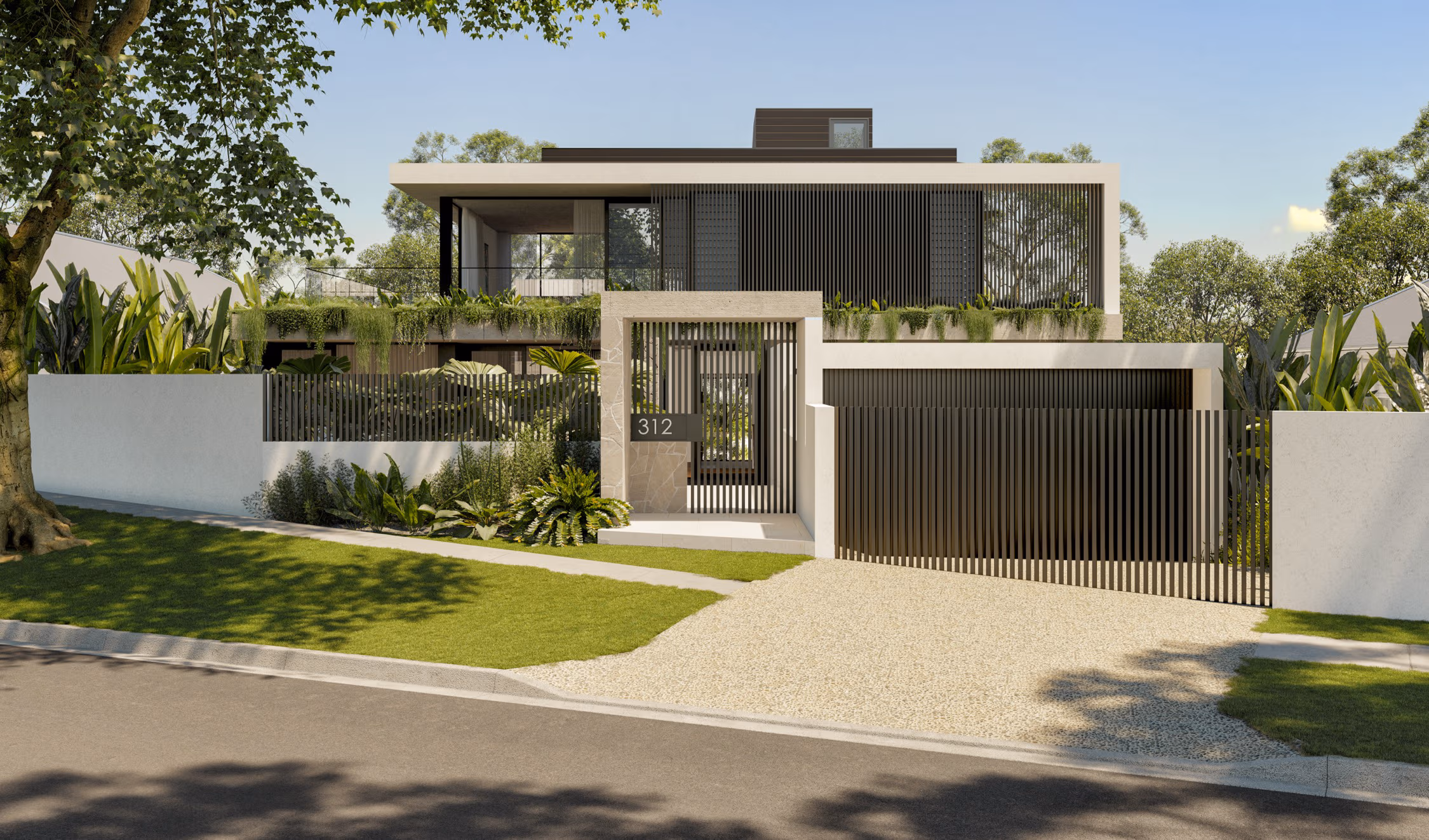 Modern two-story house with black vertical slatted gates, lush greenery, and a stone-framed entrance marked 312.