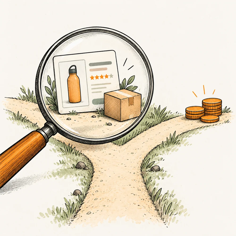 Une loupe examine une fiche produit avant d’investir les pièces posées à côté.