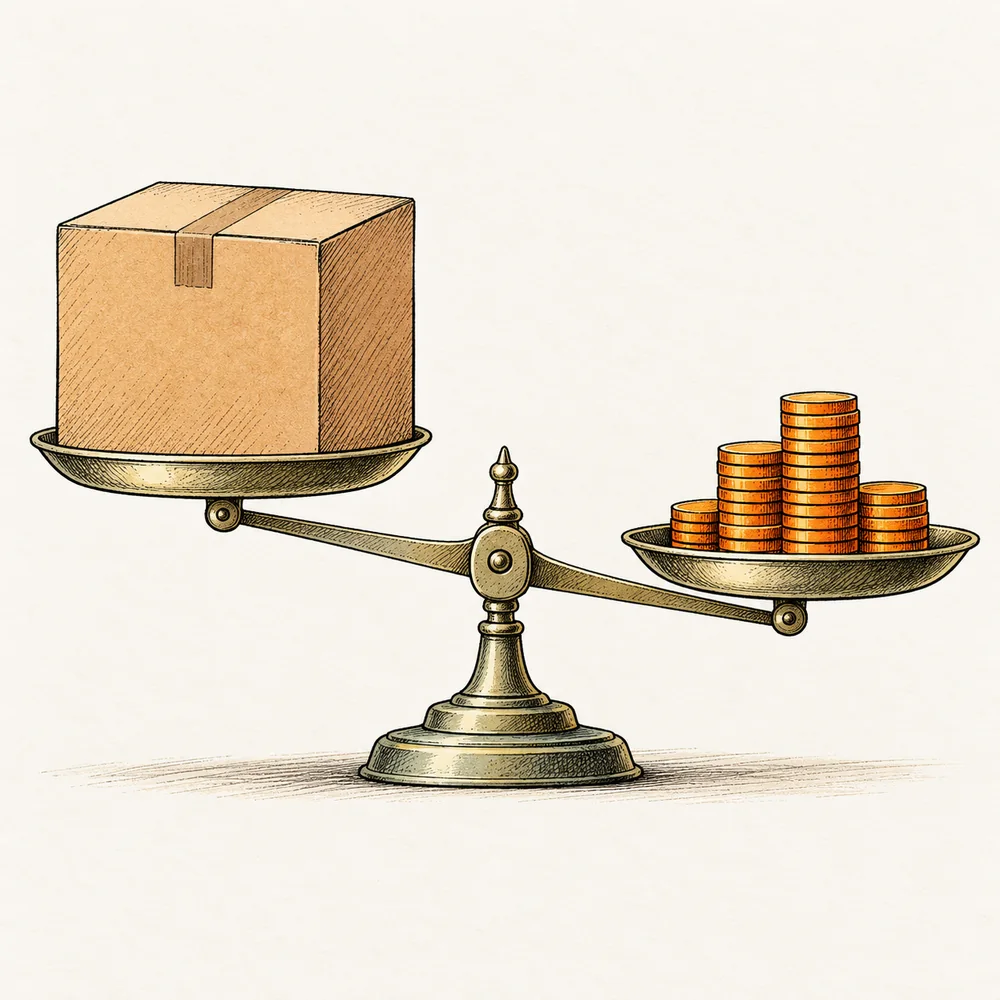 Une balance compare un colis volumineux aux pièces conservées après la vente.