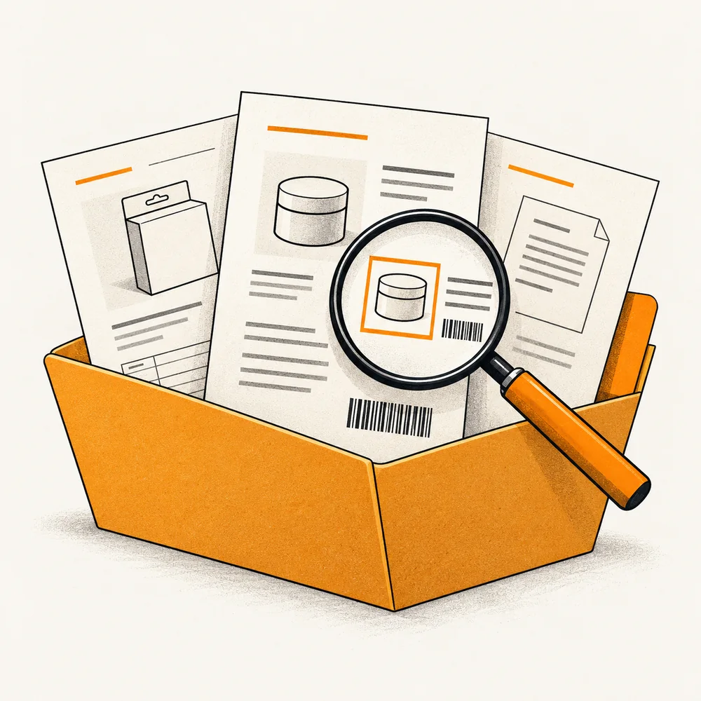 Un dossier orange et une loupe pour identifier le justificatif correspondant au produit concerné.