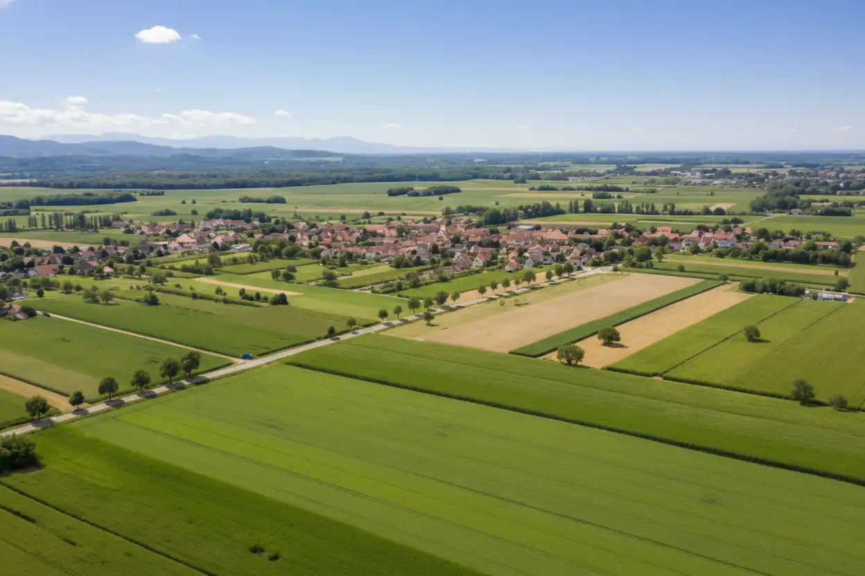 Vue aérienne de champs agricoles de Mackenheim avec des montagnes en arrière-plan sous un ciel bleu clair.