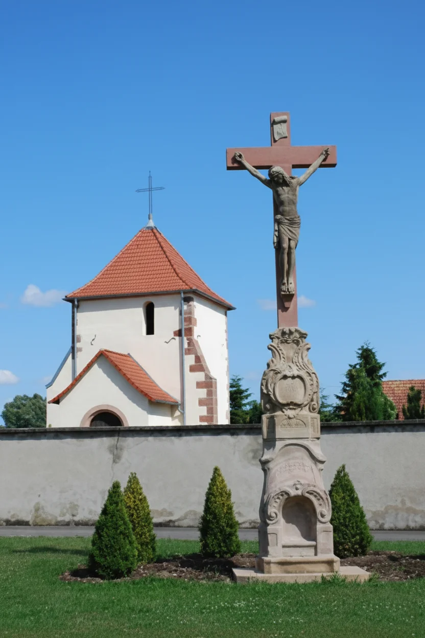 Statue en pierre du Christ crucifié sur une croix devant une petite chapelle blanche