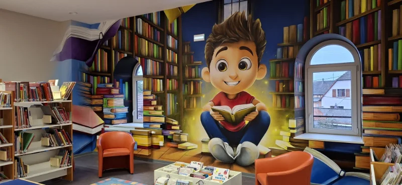 Coin lecture dans la bibliothèque avec une grande fresque murale représentant un garçon souriant assis et lisant un livre, entouré de piles de livres colorés.