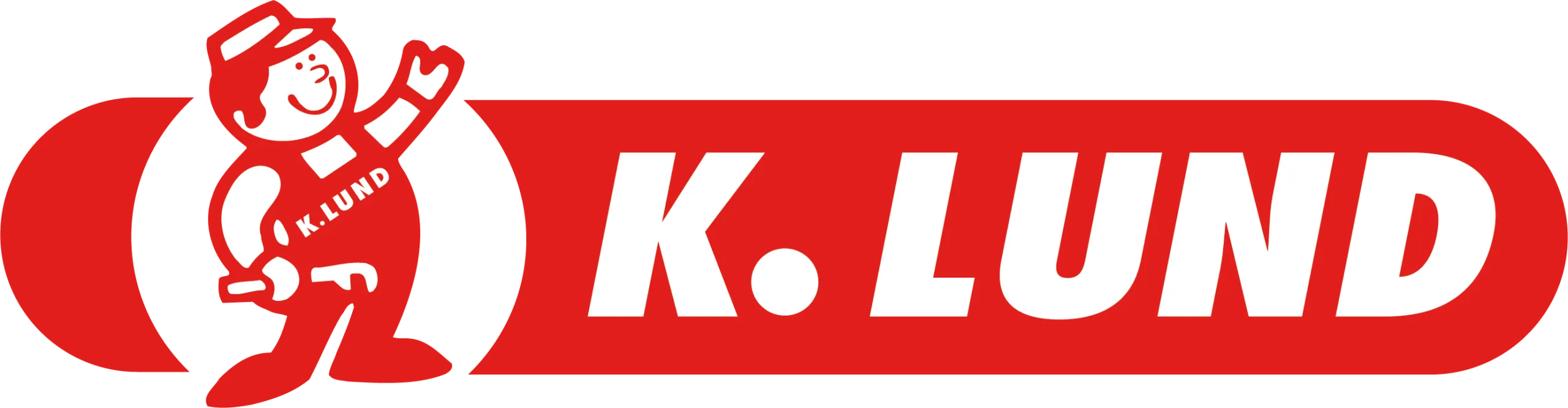 Logo med en smilende mann i overalls som vinker, med teksten K. LUND til høyre på rød bakgrunn.