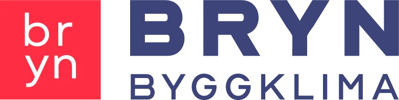 BRYN BYGGKLIMA logo with white lowercase 'bryn' on red square and large blue uppercase text.